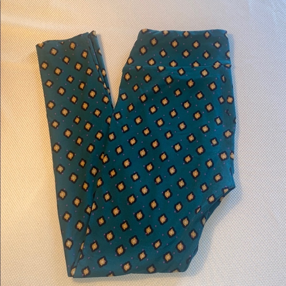 Lularoe Womens One Size Printed Leggings Teal Diamond Pattern Soft Stretchy